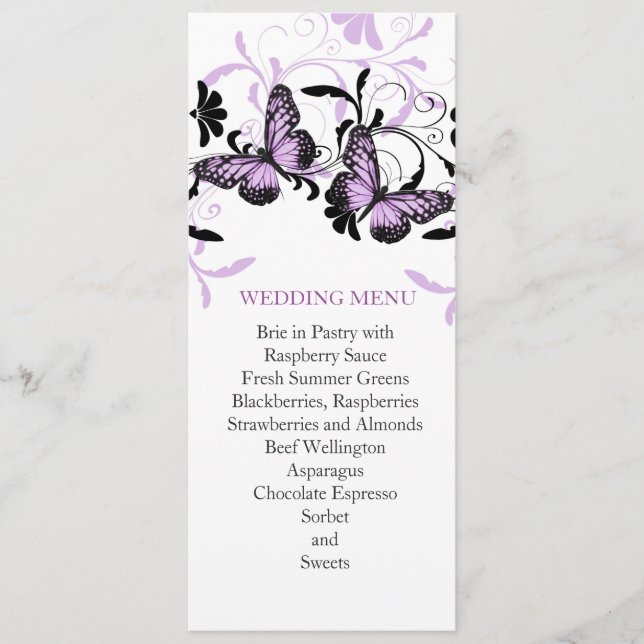 Elegantes florales Lavendel Butterfly-Hochzeitsmen Menükarte (Vorderseite)