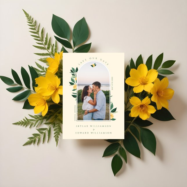 Elegantes, florales Lemon Tree Foto Gelb Save The Date (Elegant Floral Lemon Tree Arch Photo Yellow Save The Date)