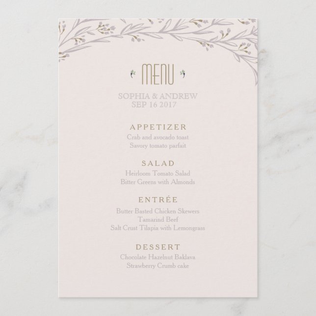 Elegantes florales lila rustikales Hochzeitsmenü Menükarte (Vorderseite)