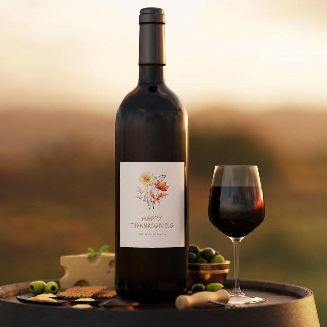 Elegantes florales Modernes Erntedank Party Weinetikett (Elegant Floral Modern Thanksgiving Party Wine Label)