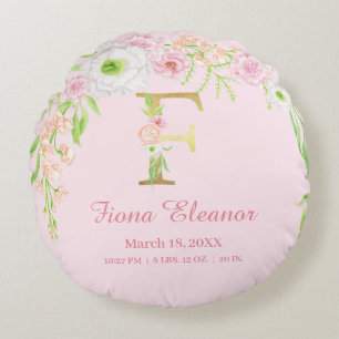 Elegantes florales Monogramm Baby-Statistiken Rundes Kissen