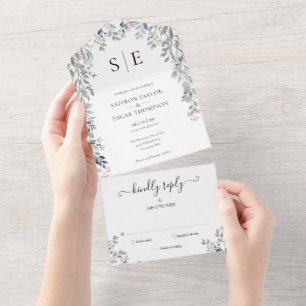 Elegantes florales Monogramm Grünzeug Hochzeit All In One Einladung