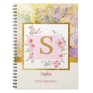 Elegantes florales Monogramm & Marmor Spiralnotizb Notizblock