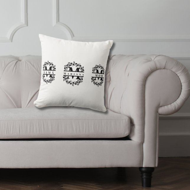 Elegantes florales Monogramm mit Text: MAMA MAMÁ & Kissen (Mother's day monogram bilingual throw pillow, mama mom & name customizable multilingual project)