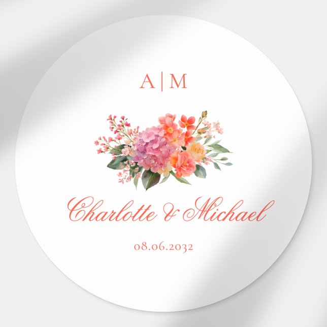 Elegantes florales Monogramm-Skript-Hochzeit Runder Aufkleber (Elegant Floral Monogram Script Wedding Classic Round Sticker)