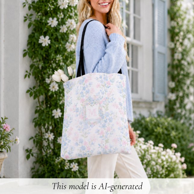 Elegantes florales Monogramm Tasche (elegant girly preppy grandmillennial floral tote bag with custom initial monogram in family crest)