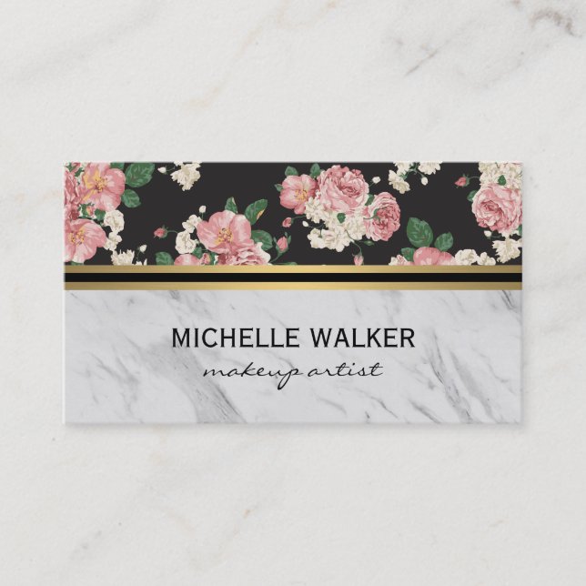 Elegantes florales Muster Gold Metallic Trim Marmo Visitenkarte (Vorderseite)