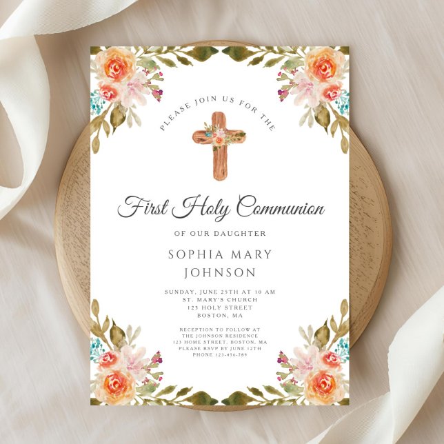 Elegantes florales religiöses Kreuz Einladung (Elegant Floral Religious Cross First Communion Invitation)