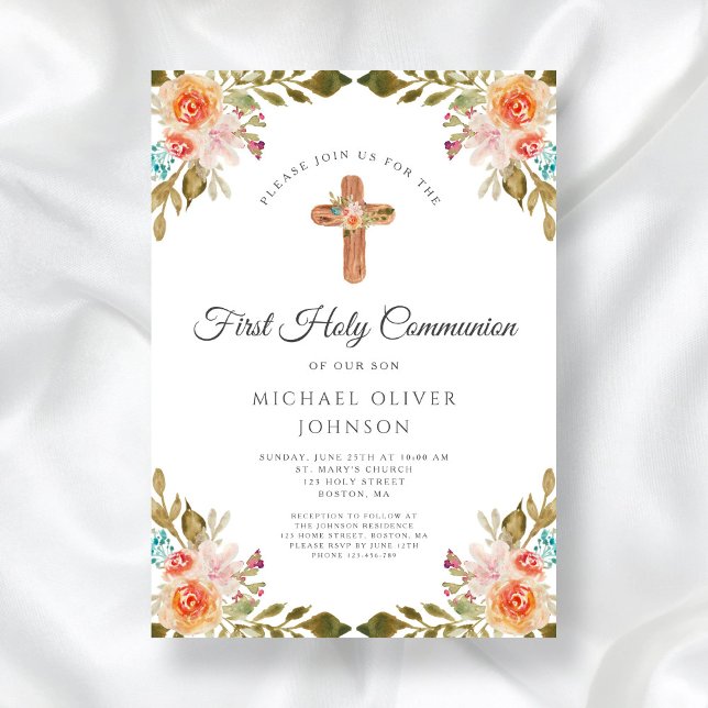 Elegantes florales religiöses Kreuz Einladung (Elegant Floral Religious Cross First Communion Invitation)