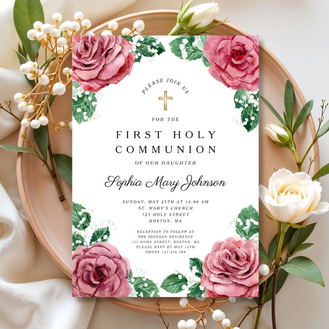 Elegantes florales religiöses Mädchen Erste Kommun Einladung (Elegant Floral Religious Girl First Communion Invitation)