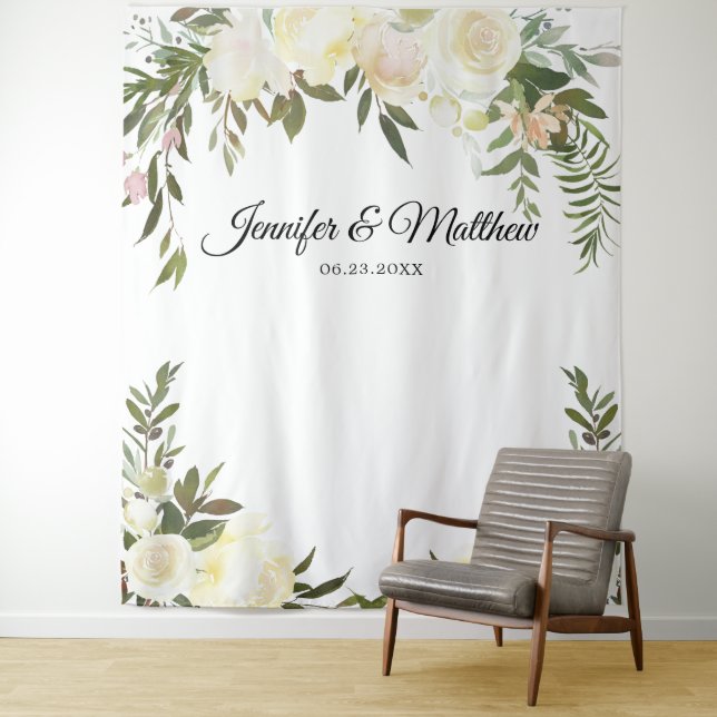 Elegantes florales Rosa Elfenbeinpavillon Hochzeit Wandteppich (Beispiel)