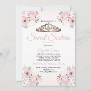 Elegantes, florales Rosa Foto Sweet 16 Einladung