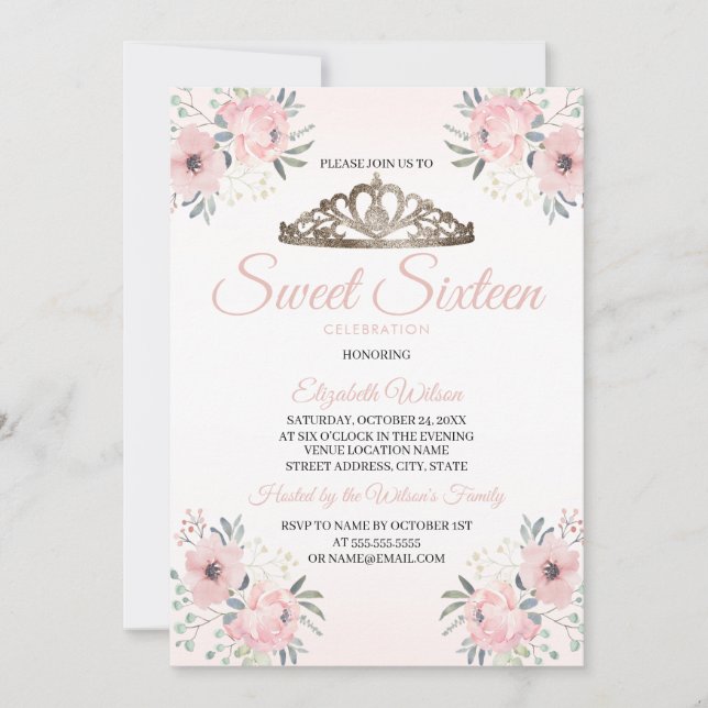 Elegantes, florales Rosa Foto Sweet 16 Einladung (Vorderseite)