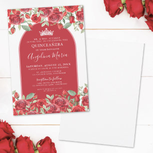 Elegantes Florales Rot Quinceanera Einladung