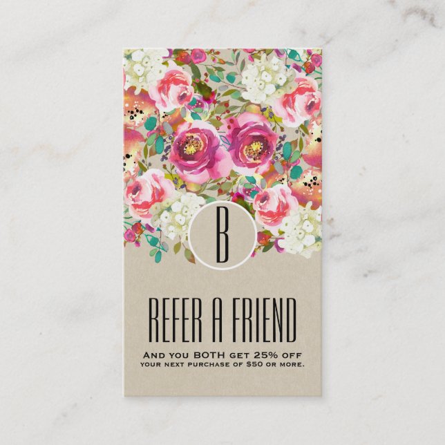 Elegantes florales Rustic Kraft Monogram Shabby Ch Empfehlungskarte (Vorderseite)