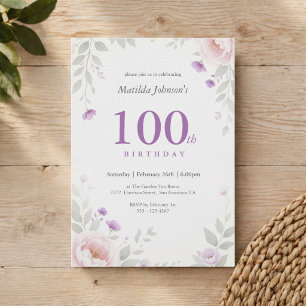 Elegantes Florales Salbei Lila 100. Geburtstag Einladung