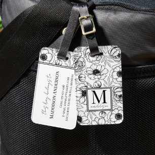 Elegantes florales Schwarz-Weiß-Monogramm Gepäckanhänger