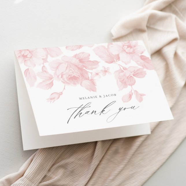 Elegantes, florales Script Rosa Brautparty Dankeskarte (Elegant floral pink roses bridal shower thank you card.)