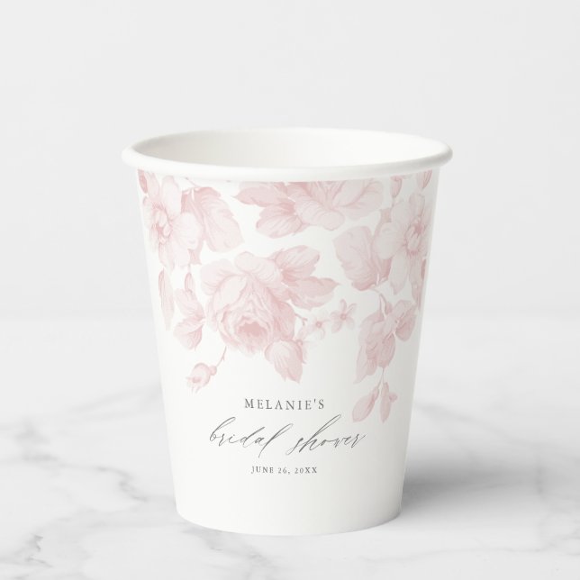 Elegantes, florales Script Rosa Brautparty Pappbecher (Vorderseite)