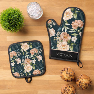 Elegantes, florales Shabby Chic Personalisiert Ofenhandschuh & Topflappen-Set