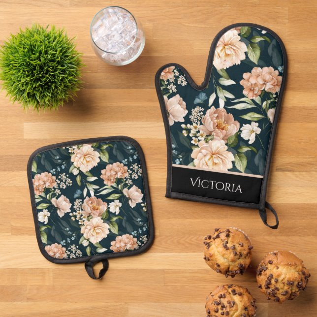Elegantes, florales Shabby Chic Personalisiert Ofenhandschuh & Topflappen-Set (Oben Unten)