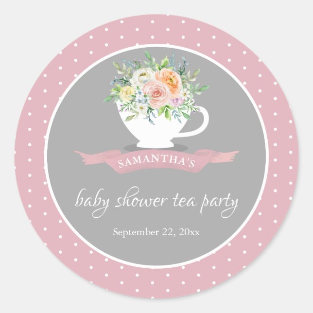 Elegantes florales Teacup Baby Dusche Tee Party Runder Aufkleber (Vorderseite)