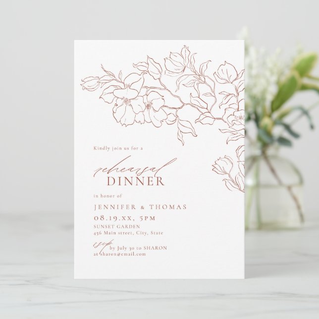 Elegantes, florales Terracotta Probe Dinner Einladung (Stehend Vorderseite)