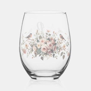 Elegantes florales Vogel Monogramm Schriftzug Brau Weinglas Ohne Stiel