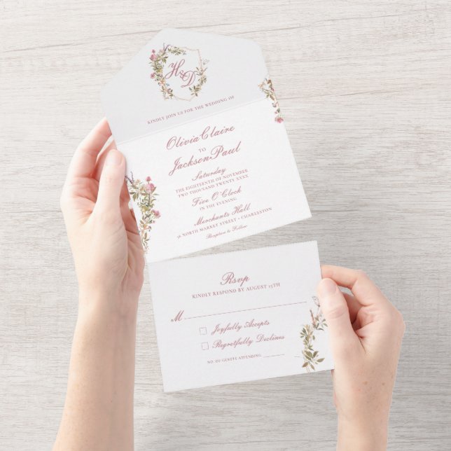Elegantes, florales Wappen All In One Einladung (Abreißen)