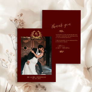 Elegantes florales Wappen Burgund Gold Dankeskarte