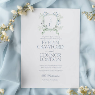 Elegantes florales Wappen Dusty Blue Script Weddin Einladung
