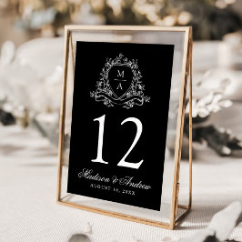 Elegantes florales Wappen Monogram Black Wedding Tischnummer