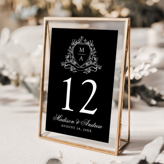 Elegantes florales Wappen Monogram Black Wedding Tischnummer (Von Creator hochgeladen)