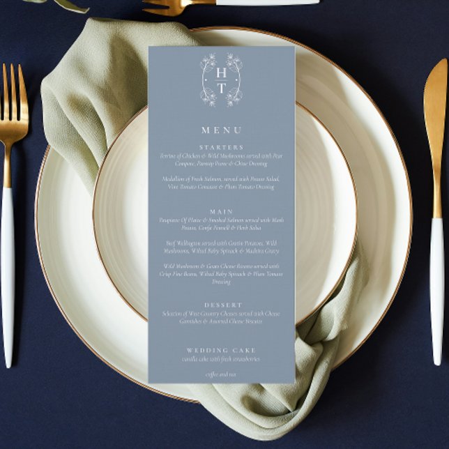 Elegantes florales Wappen Monogram Dusty Blue Wedd Menükarte (Elegant Floral Crest Monogram Dusty Blue Wedding Menu)