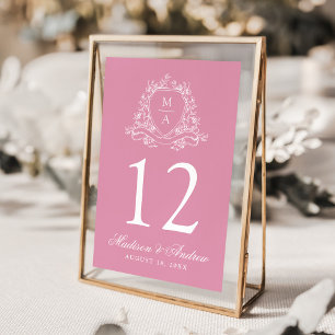 Elegantes florales Wappen-Monogramm Rosenrosa Hoch Tischnummer