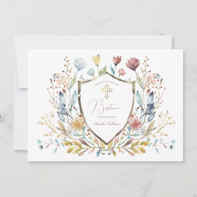 Elegantes florales Wappen Taufen Einladung (Vorderseite)