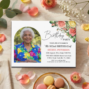 Elegantes Florales zum 102. Geburtstag mit Foto Einladung