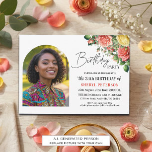 Elegantes Florales zum 34. Geburtstag mit Foto Einladung