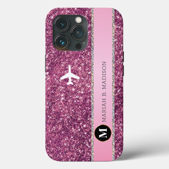 Elegantes Flugzeug Rosa Silver Glitzer Monogramm Case-Mate iPhone Hülle (Rückseite)