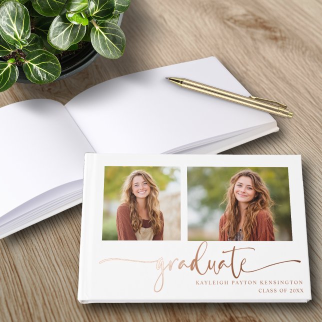 Elegantes Foil Abschluss Gästebuch mit Fotos (Elegant Rose Gold Foil Graduation Guest Book with Photos)