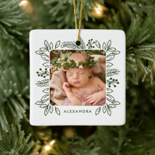 Elegantes Foliage Frame Erstes Foto für die Weihn Keramikornament