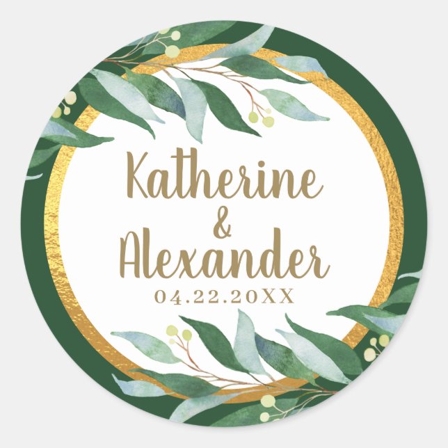 Elegantes Foliage Gold Leaf Green Wedding Monogram Runder Aufkleber (Vorderseite)