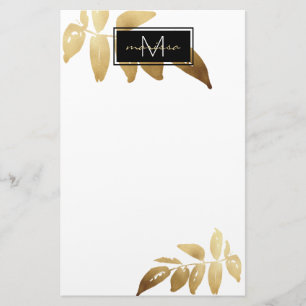 Elegantes Foliage Gold Schwarz-weißes Monogramm Briefpapier