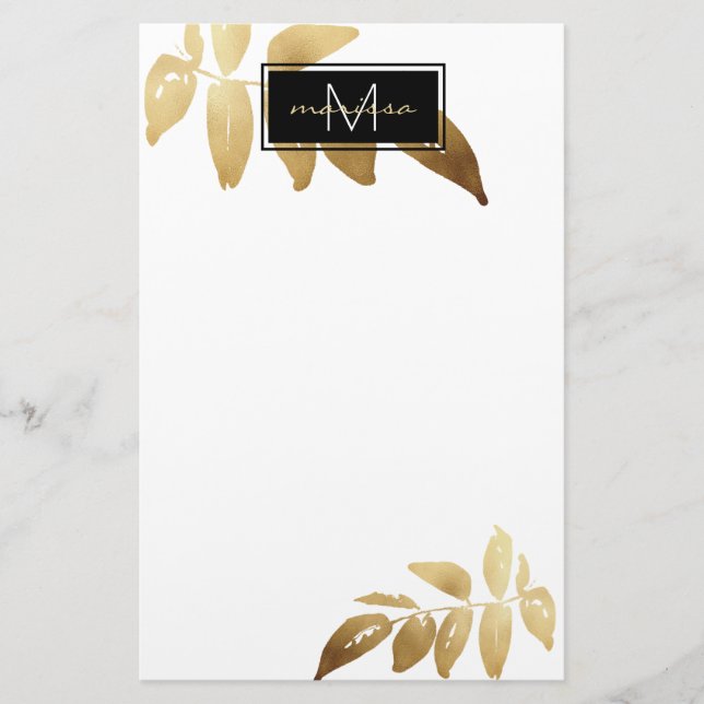 Elegantes Foliage Gold Schwarz-weißes Monogramm Briefpapier (Vorderseite)
