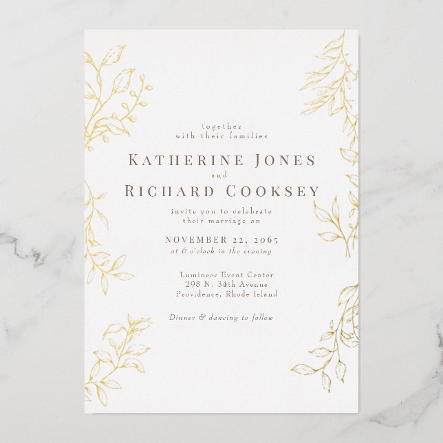 Elegantes Foliage White Wedding Gold Folieneinladung (Vorderseite)