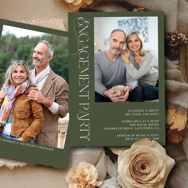 Elegantes Forest Green 2 Foto Engagement Party Einladung (Engagement Photo Invitation from the Engagement Party Invitations collection by Darling & May)