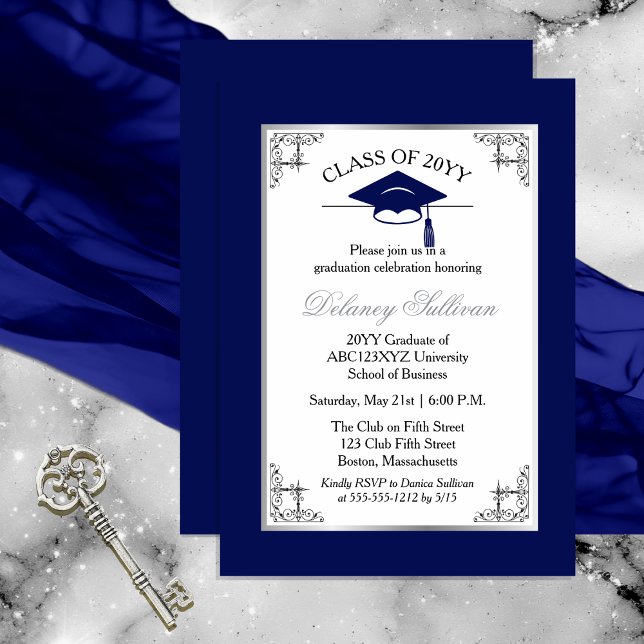 Elegantes formales Blue Uni-Abschluß Party Einladung (Elegant Formal Silver Tone and Dark Royal Blue College | University Graduation Party Invitation )