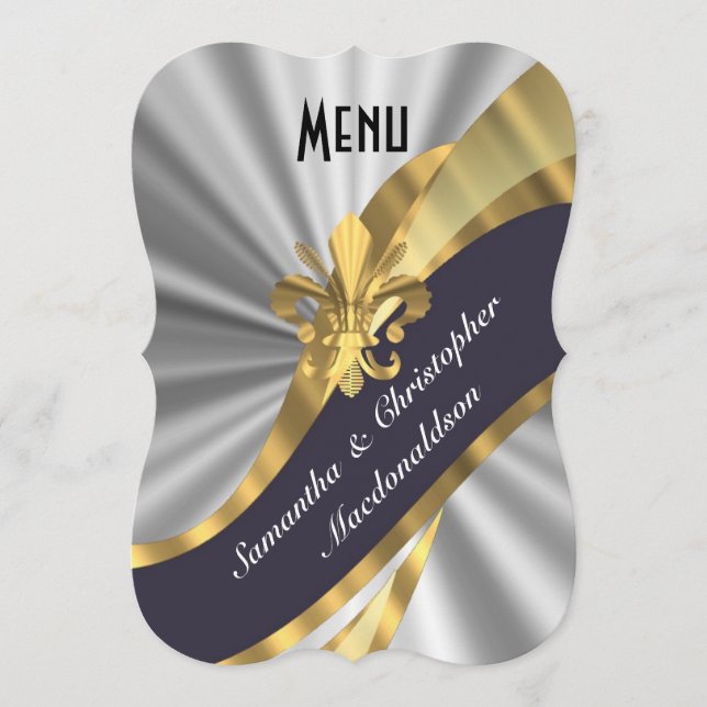 Elegantes formales Hochzeitsmenü des Silbers und Menükarte (Vorderseite)