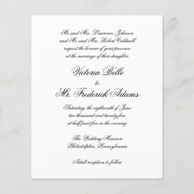Elegantes formelles Budget Einladung zur Hochzeit (Vorderseite)