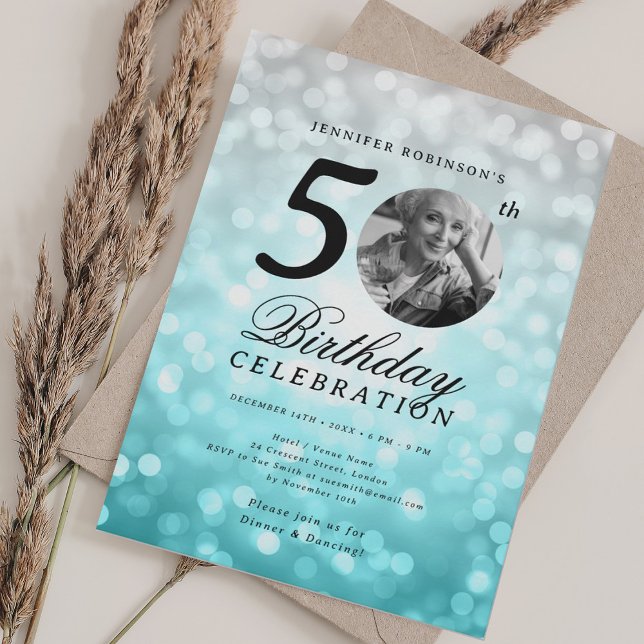 Elegantes Foto 50. Geburtstag Silver Turquoise Omb Einladung (Elegant Photo 50th Birthday Silver Turquoise Ombre Invitation)